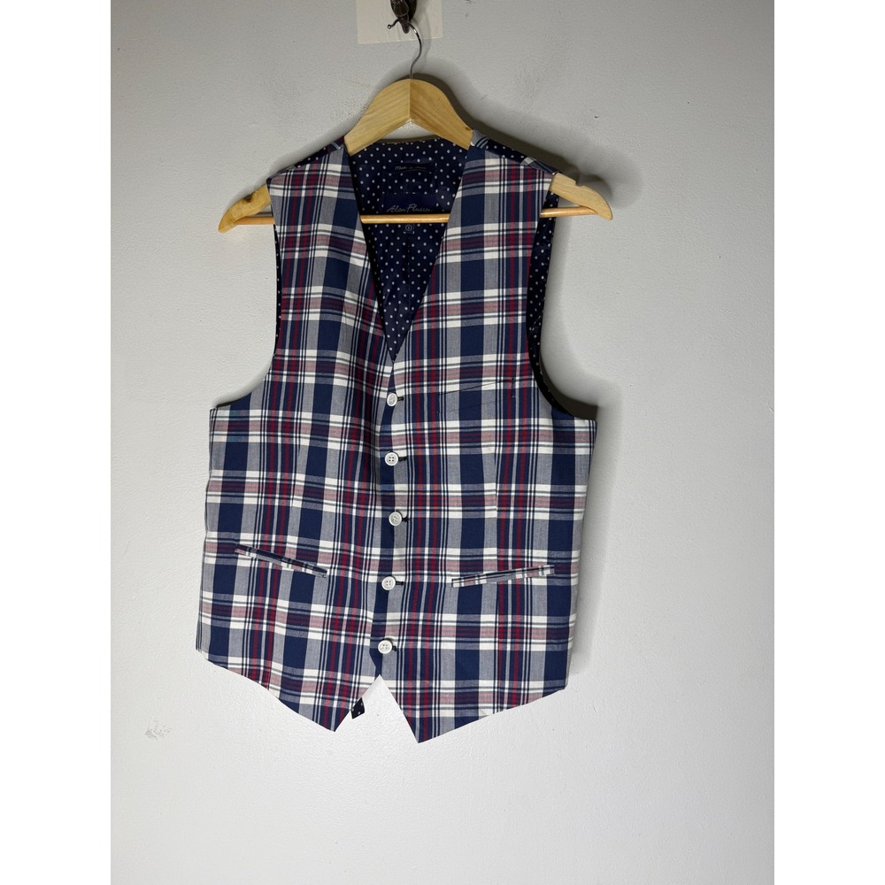 Alan Flusser Mens Plaid Suit Vest Navy Blue Red White Polka Dot Back Size  S